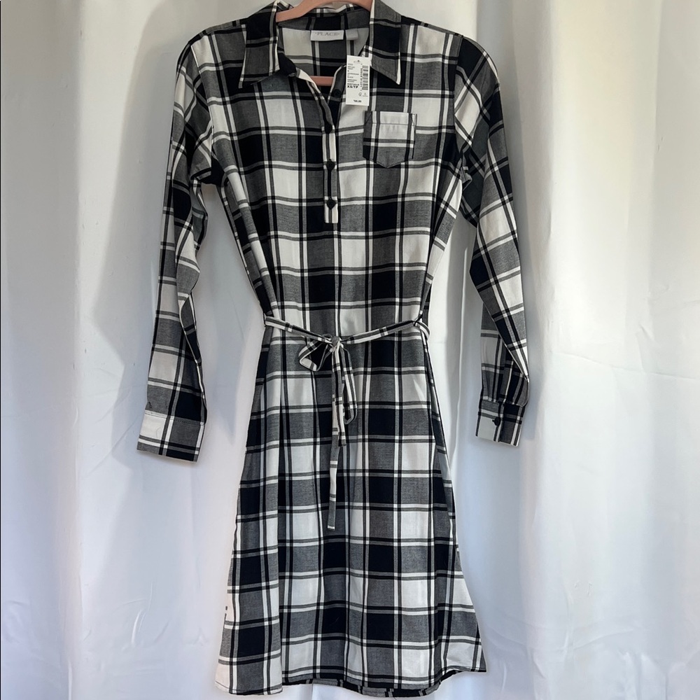 Place Black and White Plaid Long Sleeve Dress